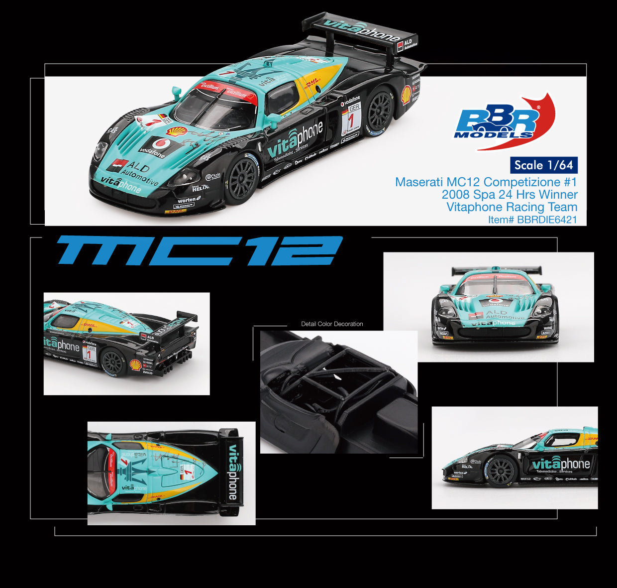 Maserati MC12 Competitione #1 Vitaphone Racing Team Spa 24 Hrs Winner 2008 - BBR Models - Scala 1/64 BBRDIE6421