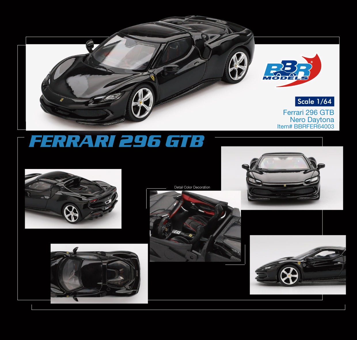 Ferrari 296 GTB Nero Daytona 2024 - BBR Models - Scala 1/64 BBRDIE64003