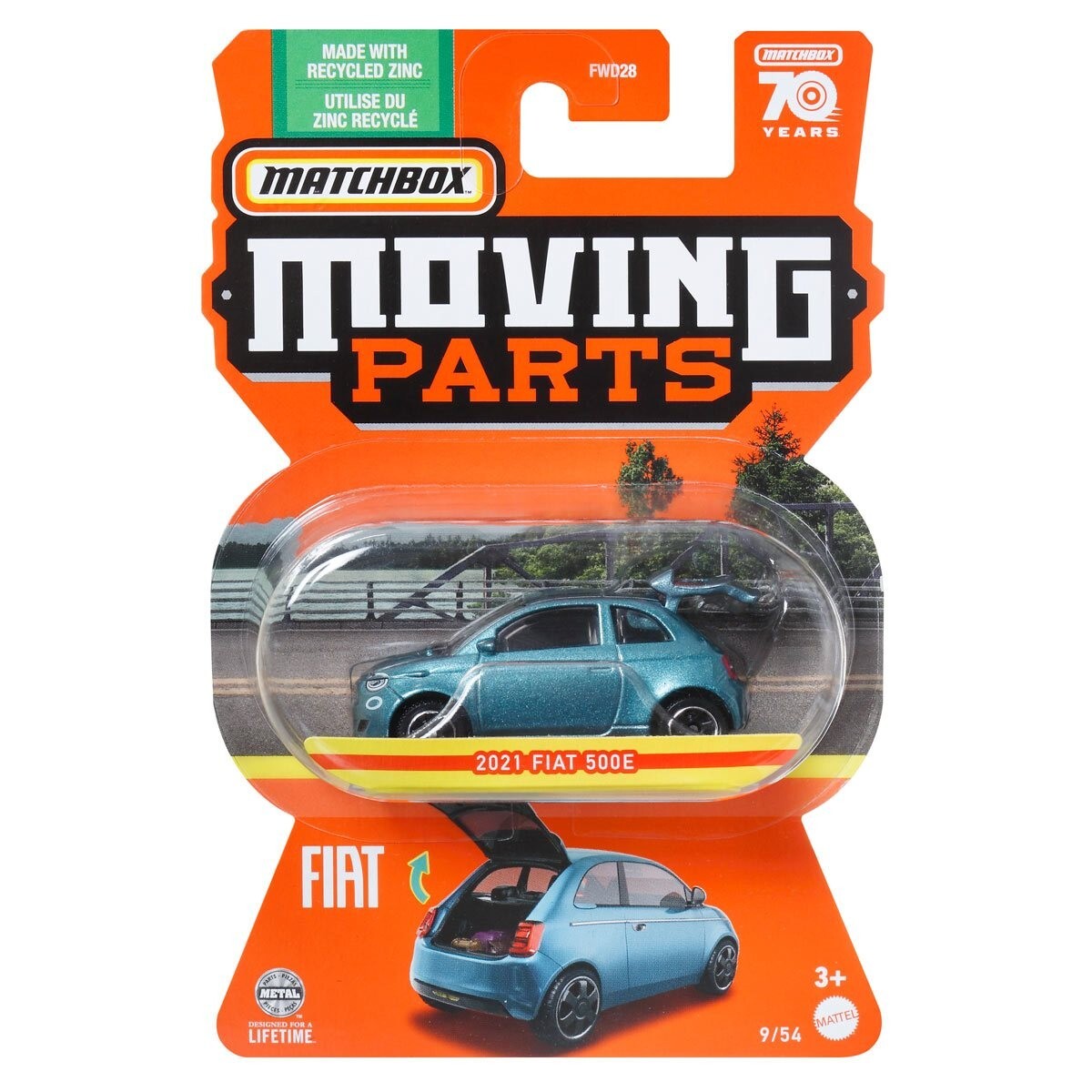 2001 Fiat 500e Light Blue met - Matchbox Moving Parts - Scala 1/64 Circa
