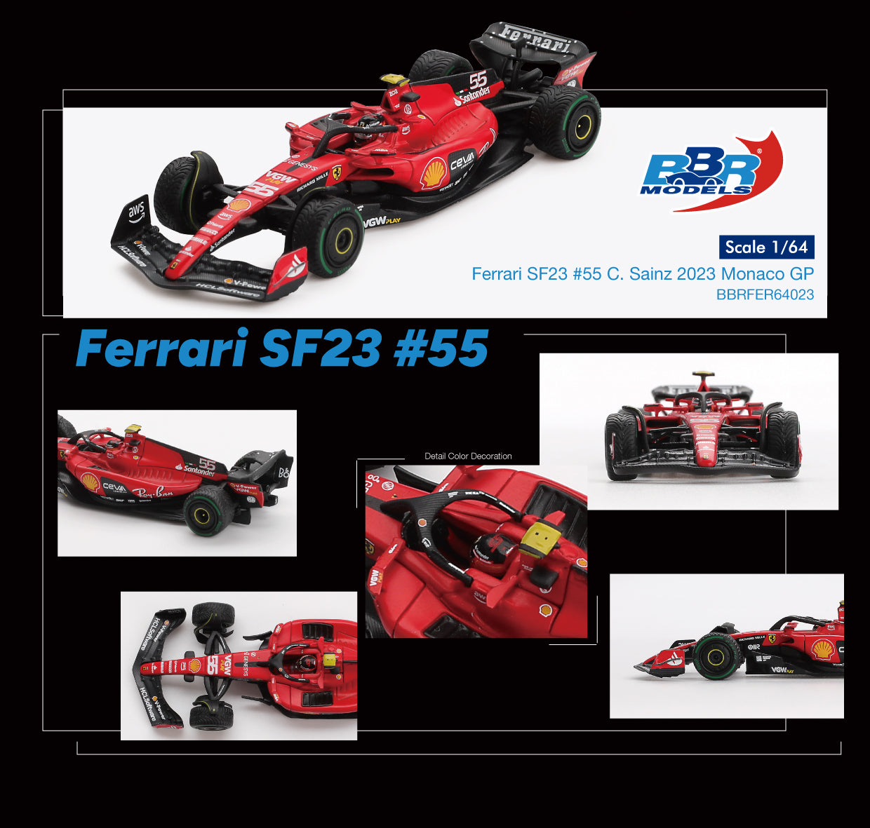 Ferrari SF23 #55 Carlos Sainz Monaco GP 2023 - BBR Models - Scala 1/64 BBRFER64023