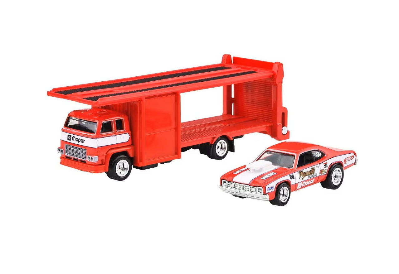 '73 Plymouth Duster + Second Story Lorry - Series Car Culture Team Transport - Hot Wheels Premium - Scala 1/64