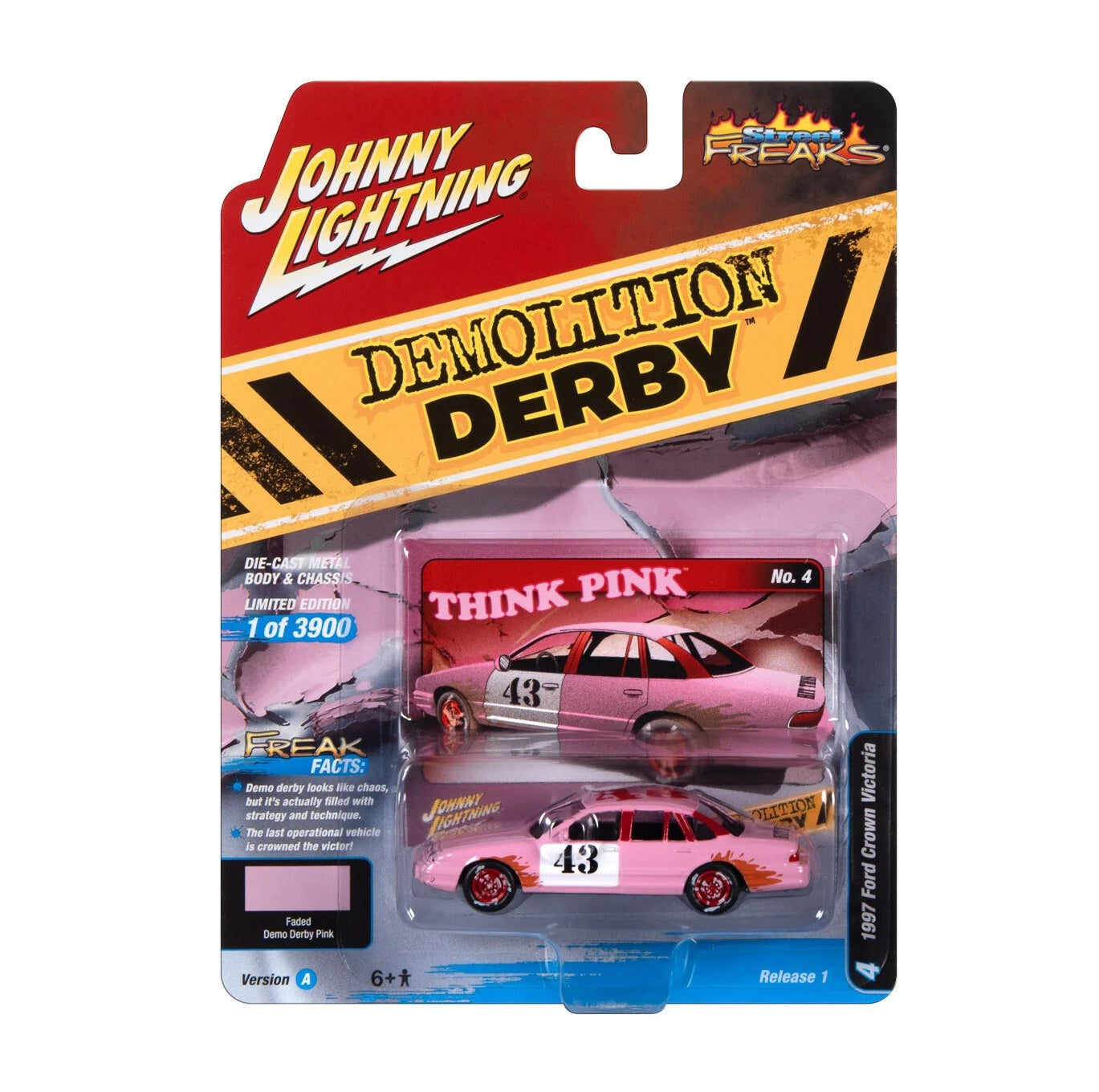 1997 Ford Crown Victoria pink "Demolition Derby" - Johnny Lightning - Scala 1/64