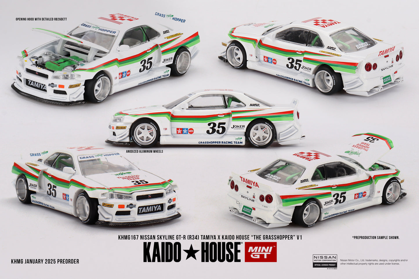 Mini GT Kaido House - Nissan Skyline GT-R (R34) TAMIYA x KAIDO HOUSE "The GRASSHOPPER" V1 - Scala 1/64 KHMG167