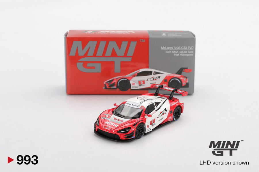 McLaren 720S GT3 Evo Pfaff Motorsports 2024 IMSA Laguna Seca - Mini GT - Scala 1/64 MGT00993-L