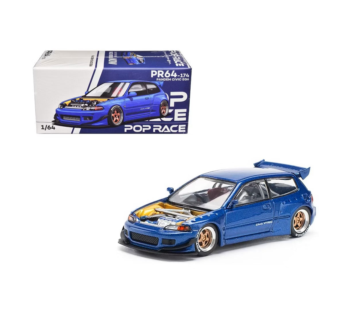 Pandem Civic EG6 Blue Metallic with No Hood - Pop Race - Scala 1/64 PR64-174