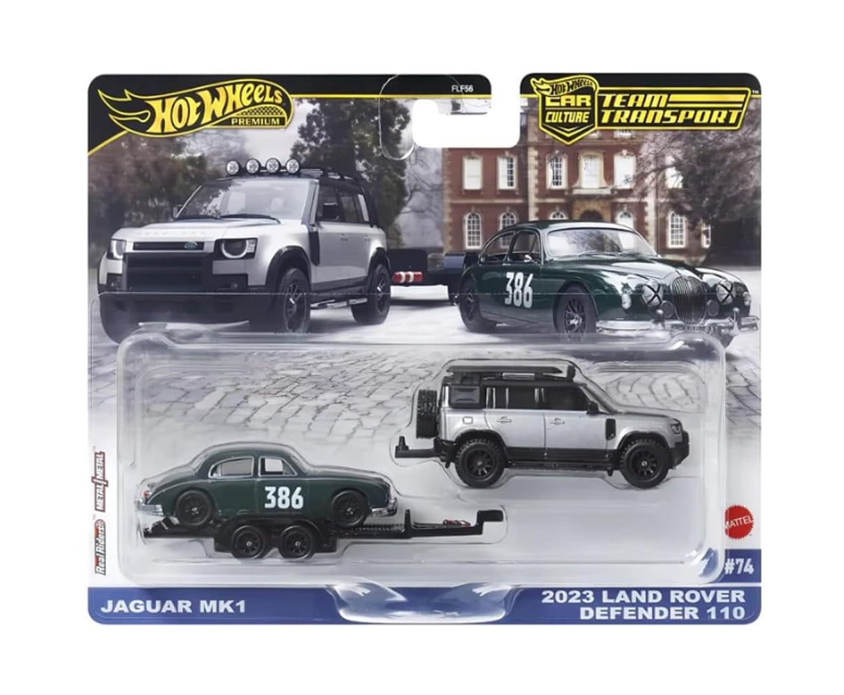 Jaguar MK1 + Land Rover Defender 110 - Series Car Culture Team Transport - Hot Wheels Premium - Scala 1/64