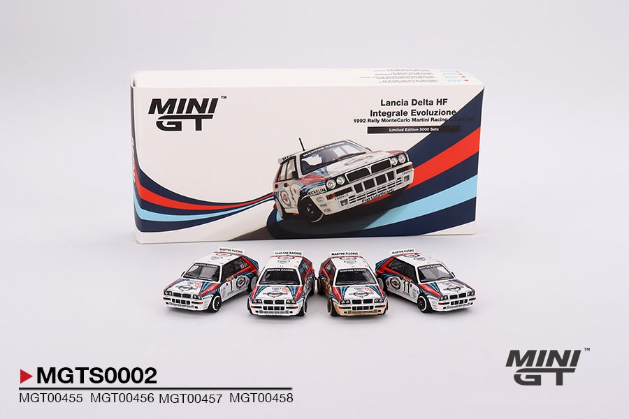 4 Cars Set Lancia Delta HF Integrale Evoluzione 1992 Rally MonteCarlo Martini Racing - Mini GT - Scala 1/64 MGTS0002