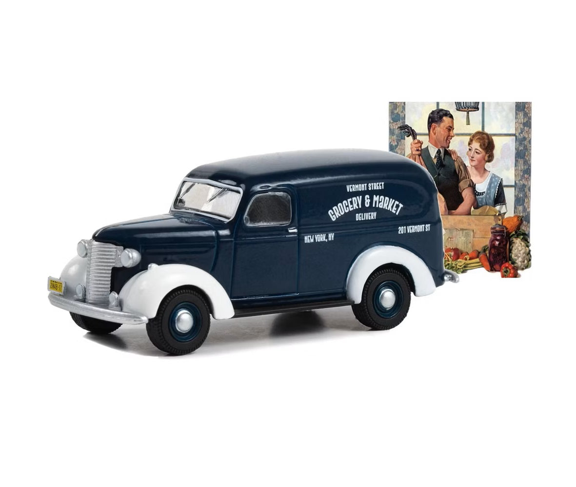 1939 Chevrolet Panel Truck Dark Blue and White "Grocery & Market Delivery" Norman Rockwell - Greenlight - Scala 1/64