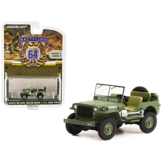 1942 Willys MB Jeep Rough Rider Ejército de EE. UU. Segunda Guerra Mundial - Serie Batallón 64 - Greenlight - Escala 1/64