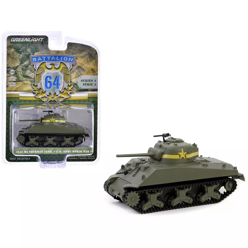 1943 Tanque M4 Sherman Ejército de EE. UU. Segunda Guerra Mundial - Serie Batallón 64 - Greenlight - Escala 1/64