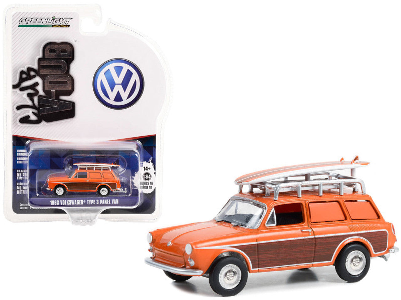 1963 Volkswagen Type 3 Panel Van with Surf Board Orange - Club V-Dub - Greenlight - Scala 1/64