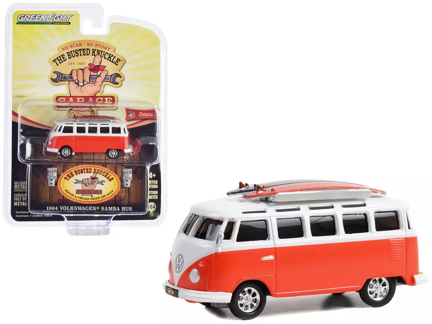 Volkswagen Samba Bus 1964 Naranja Blanco con Tablas de Surf - Greenlight - Escala 1/64