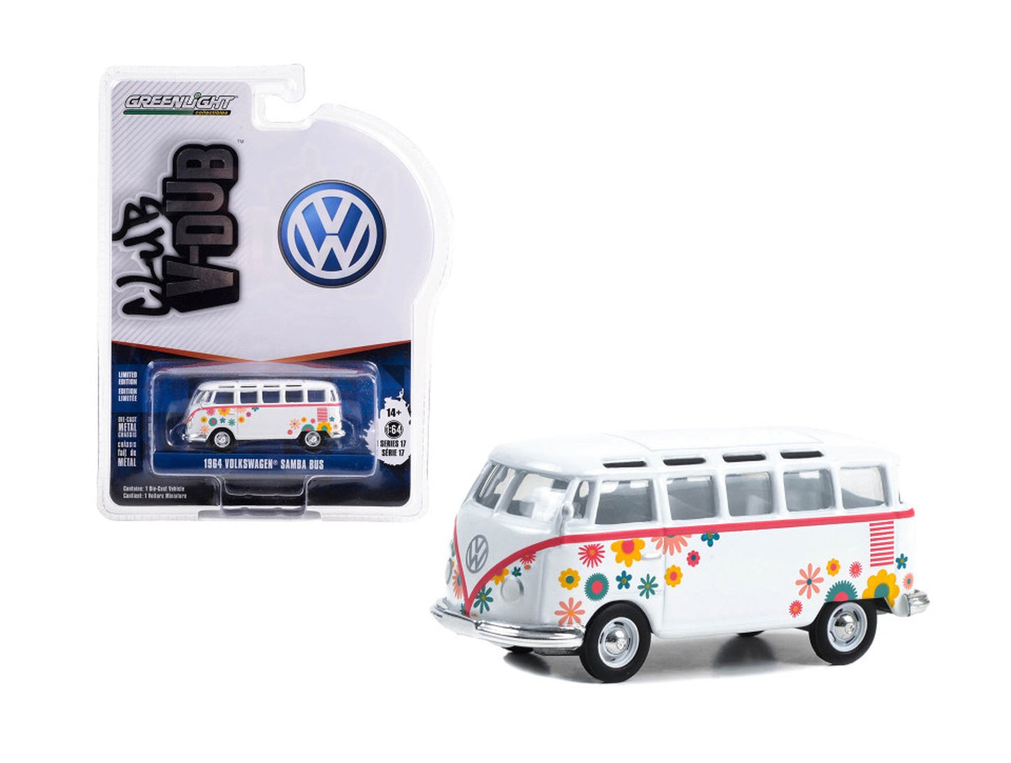 1964 Volkswagen Type 2 (T1) Samba Bus White with Graphics Flower Power - Club V-Dub - Greenlight - Scala 1/64