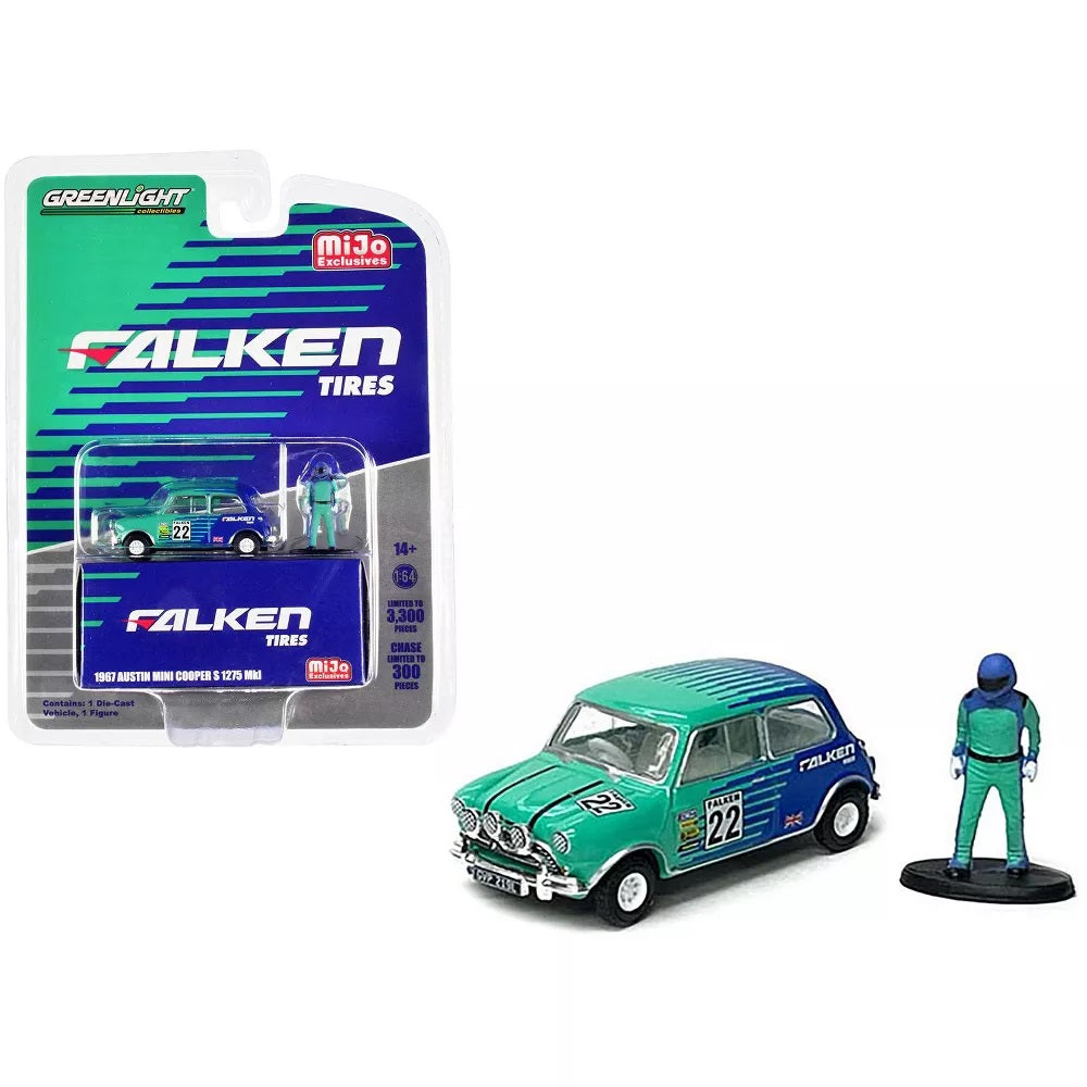 1967 Austin Mini Cooper S 1275 MKI RHD "Falken Tires" and Driver Figure - Greenlight - Scala 1/64