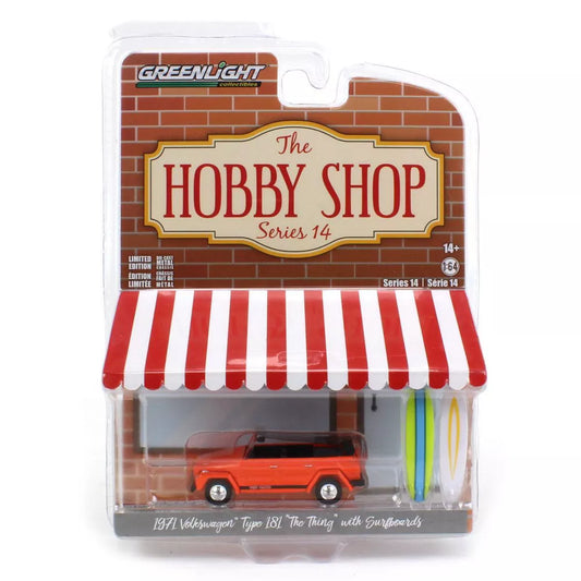 1971 Volkswagen Tipo 181 La Cosa con Tablas de Surf Serie Naranja Hobby Shop - Greenlight - Escala 1/64