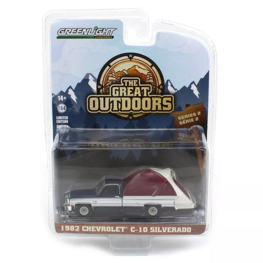 Camioneta Chevrolet C-10 Silverado 1982 con tienda de campaña Great Outdoors Series - Greenlight - Escala 1/64