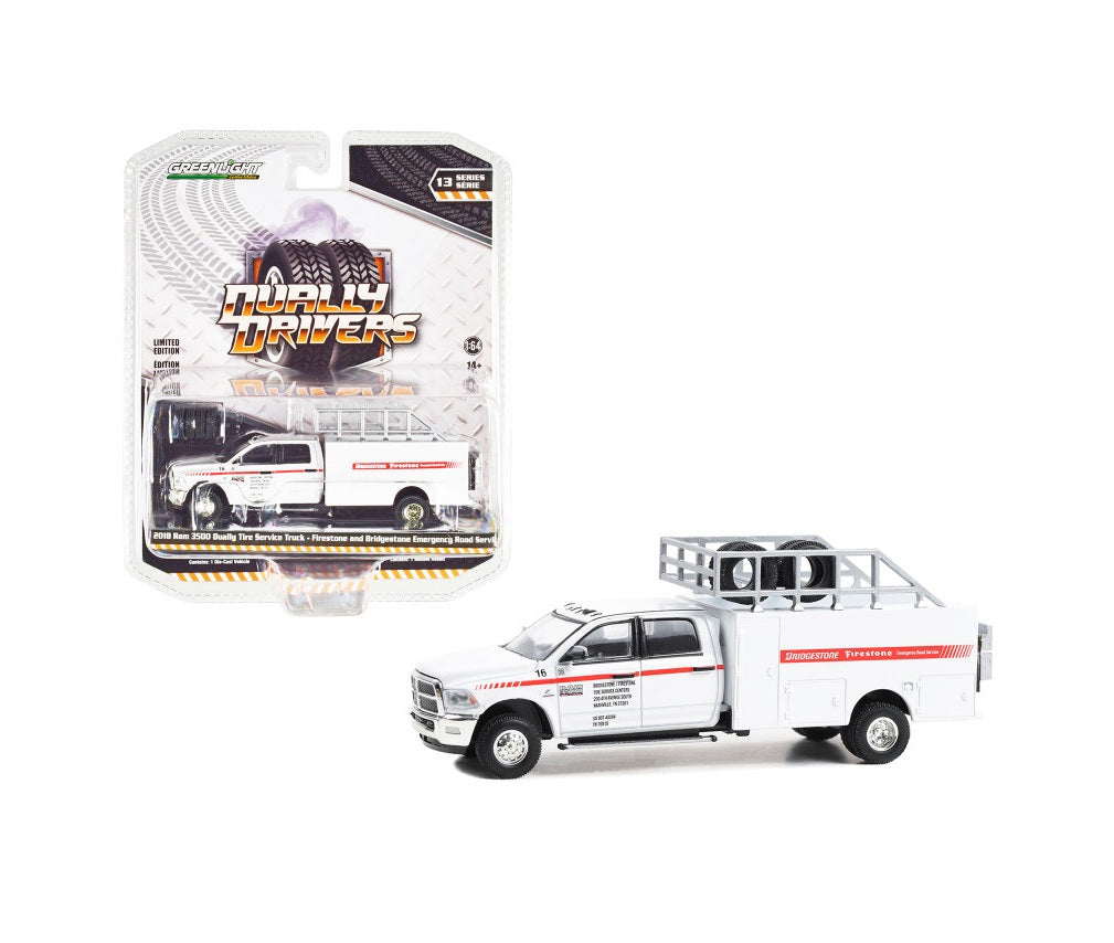 2018 Dodge Ram 3500 Dually Tire Service Truck White "Firestone and Bridgestone Emergency Road Service" - Dually Drivers Series - Greenlight - Scala 1/64
