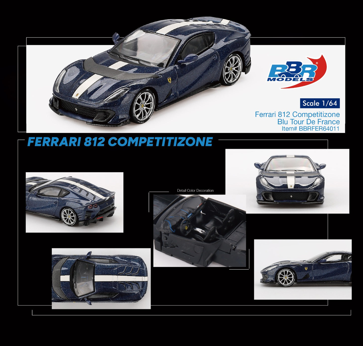 Ferrari 812 Competition Blu Tour De France - BBR Models - Scala 1/64 BBRFER64011