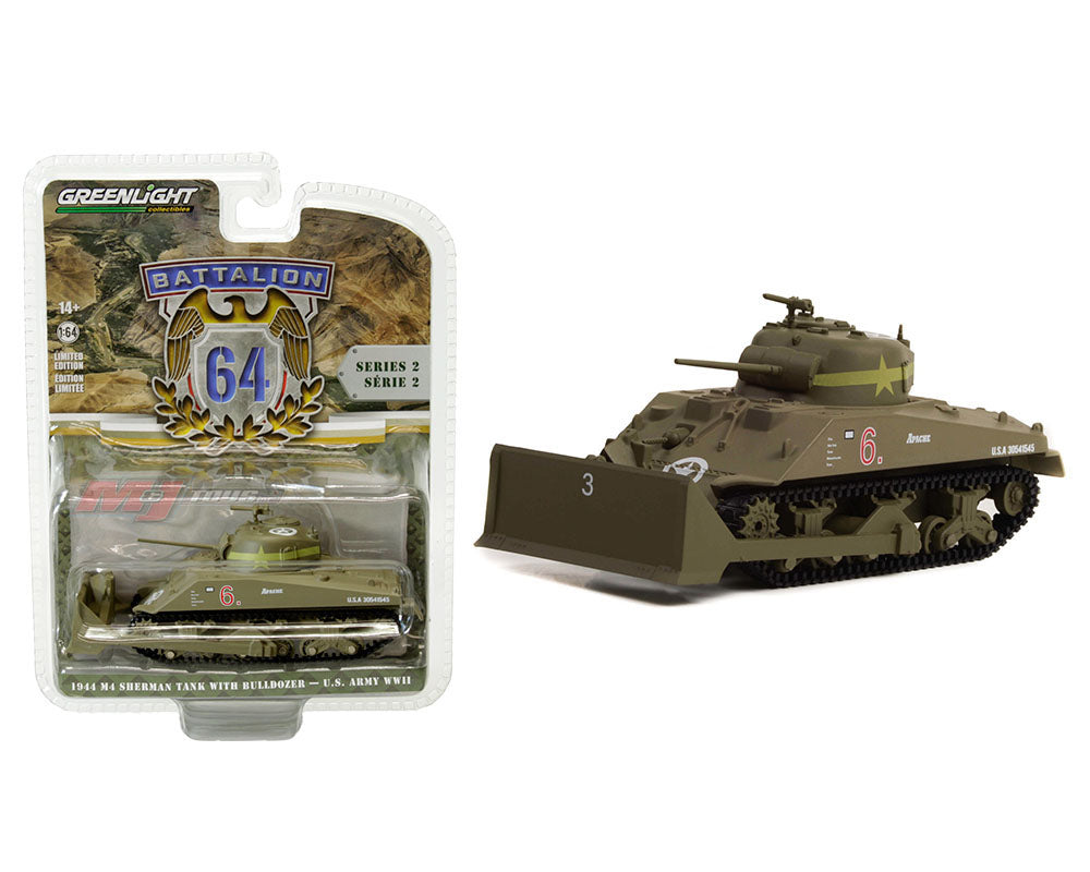 1944 M4 Sherman Tank with Bulldozer U.S. Army World War II - Series Battalion 64 - Greenlight - Scala 1/64