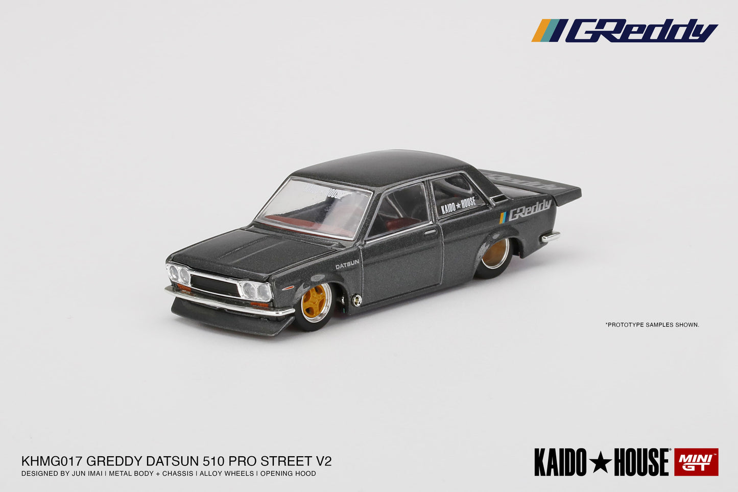 Datsun 510 Pro Street GREDDY Gun Metal Grey - KAIDO HOUSE Mini GT - Scala 1/64 KHMG017