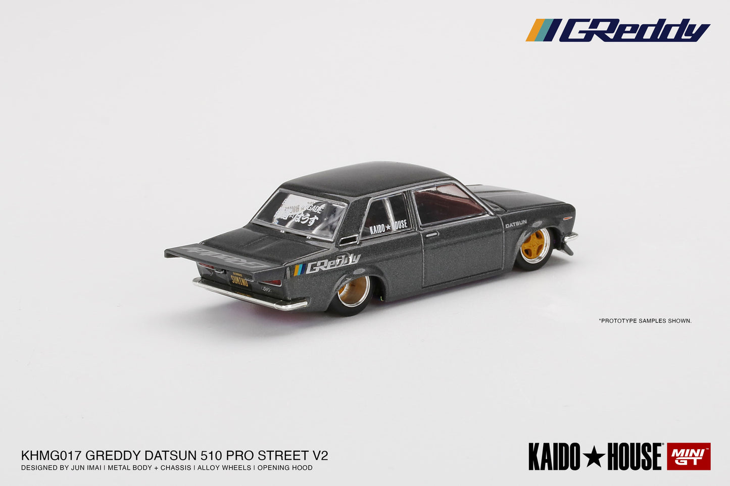 Datsun 510 Pro Street GREDDY Gun Metal Grey - KAIDO HOUSE Mini GT - Scala 1/64 KHMG017