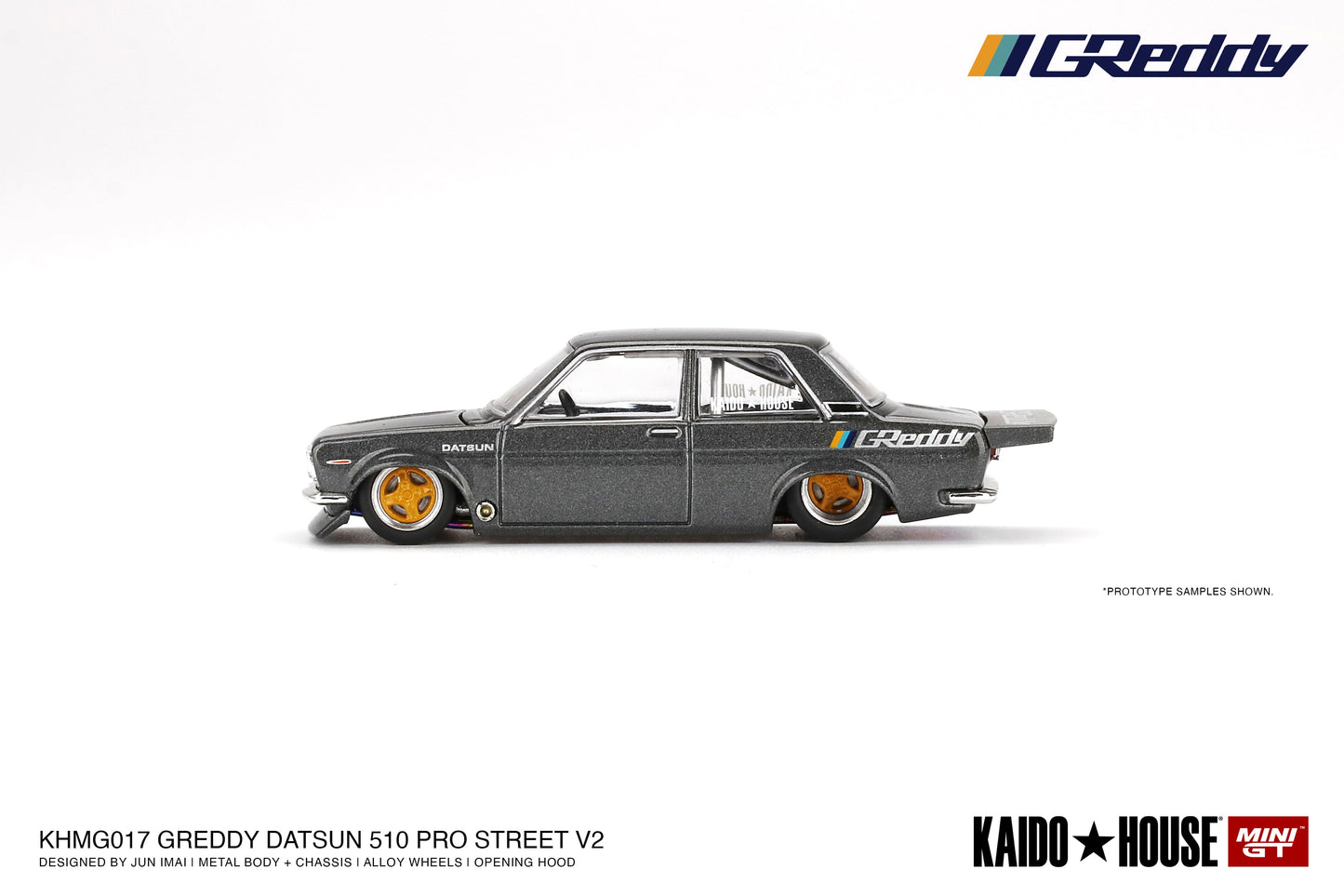 Datsun 510 Pro Street GREDDY Gun Metal Grey - KAIDO HOUSE Mini GT - Scala 1/64 KHMG017