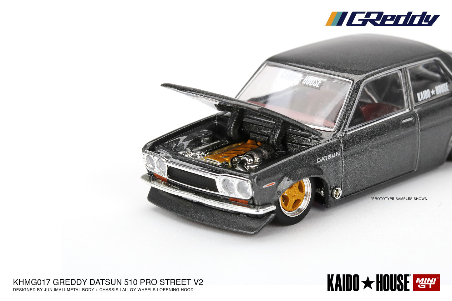 Datsun 510 Pro Street GREDDY Gun Metal Grey - KAIDO HOUSE Mini GT - Scala 1/64 KHMG017