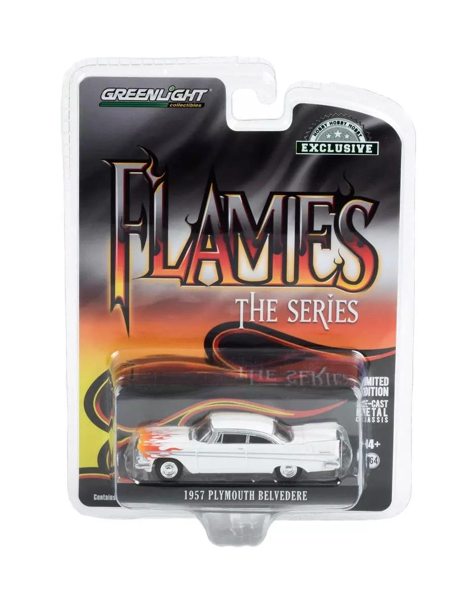 1957 Plymouth Belvedere White with Flames Hobby Exclusive - Greenlight - Scala 1/64