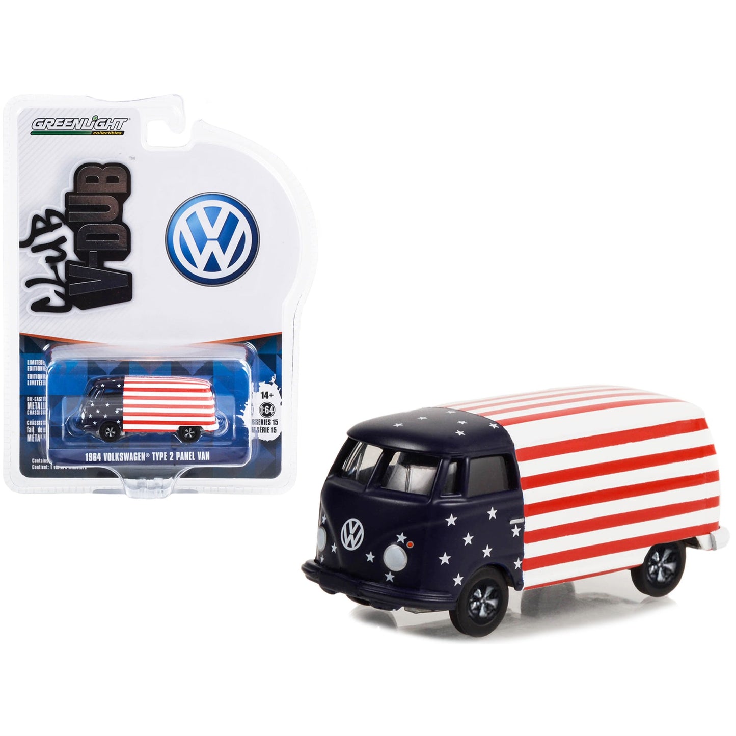 1964 Volkswagen Tipo 2 Panel Van Star and Stripes - Club V-Dub - Greenlight - Escala 1/64