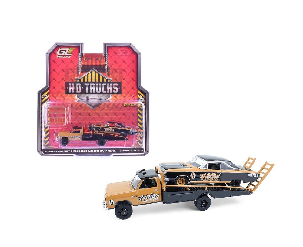 1965 Dodge Coronet  and 1985 Dodge Ram D350 Ramp Truck "Hotton Speed Shop" - Series HD Trucks - Greenlight - Scala 1/64
