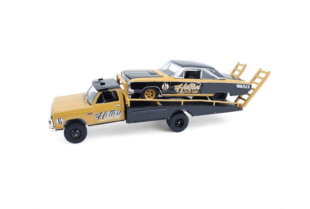 1965 Dodge Coronet  and 1985 Dodge Ram D350 Ramp Truck "Hotton Speed Shop" - Series HD Trucks - Greenlight - Scala 1/64