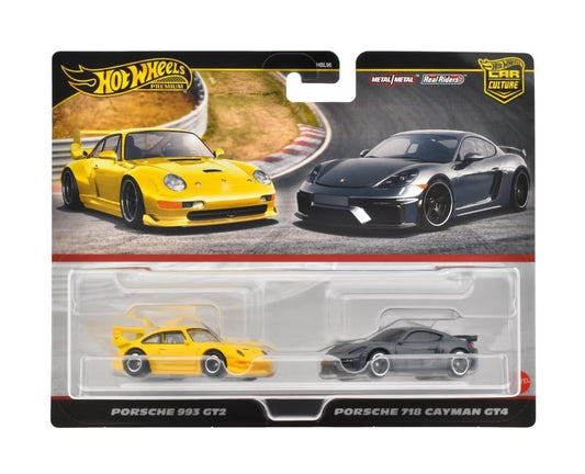 2-Pack Porsche 993 GT2/ Porsche 718 Cayman GT4 - Hot Wheels Premium - Scala 1/64 HRR82