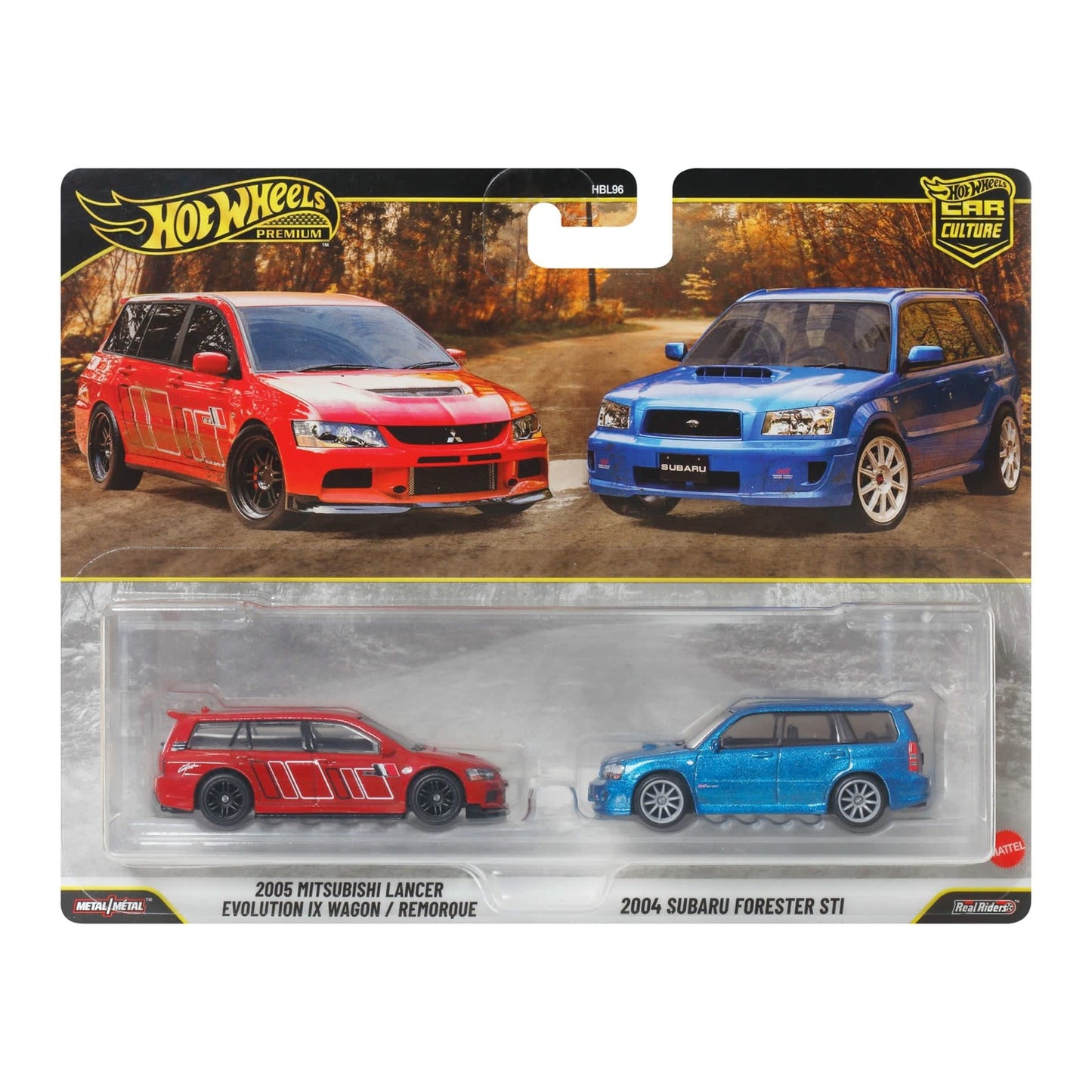 2-Pack 2005 Mitsubishi Lancer Evolution IX Wagon - 2004 Subaru Forester STI - Hot Wheels Premium - Scala 1/64