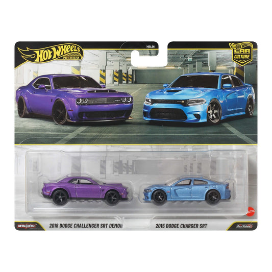 2-Pack 2018 Dodge Challenger SRT Demon - 2015 Dodge Charger SRT - Hot Wheels Premium - Scala 1/64
