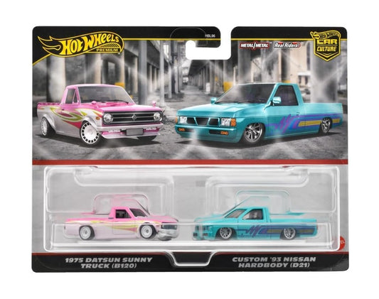 2-Pack 1975 Datsun Sunny Truck (B120) and Custom '93 Nissan Hardbody (D21) - Hot Wheels Premium - Scala 1/64 HRR78