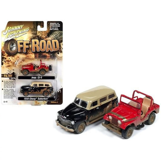 Jeep CJ-5 Renegade Dirty Version Red & 1950 Chevrolet Suburban 3100 Dirty Version Black - Johnny Lightning - Scala 1/64