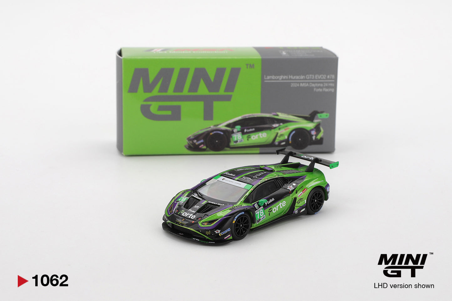 Lamborghini Huracán GT3 EVO2 #78 Forte Racing 2024 IMSA Daytona 24 Hrs - Mini Gt - Scala 1/64 MGT01062-L EAN 840456307106