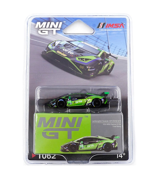 Lamborghini Huracán GT3 EVO2 #78 Forte Racing 2024 IMSA Daytona 24 Hrs - Mini Gt - Scala 1/64 MGT01062-BL Blister Packaging