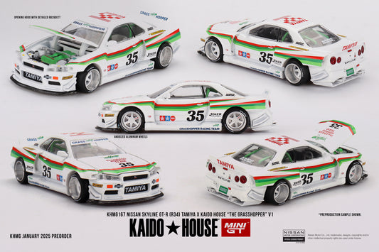 Mini GT Kaido House - Nissan Skyline GT-R (R34) TAMIYA x KAIDO HOUSE "The GRASSHOPPER" V1 - Scala 1/64 KHMG167
