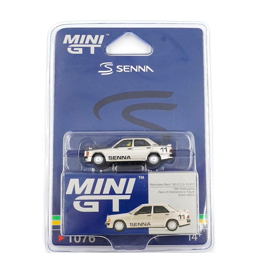 Mercedes-Benz 190 E 2.3-16 #11 Ayrton Senna 1984 Nürburgring Race of Champions with Figure - Mini GT - Scala 1/64 MGT01076-BL Blister Packaging