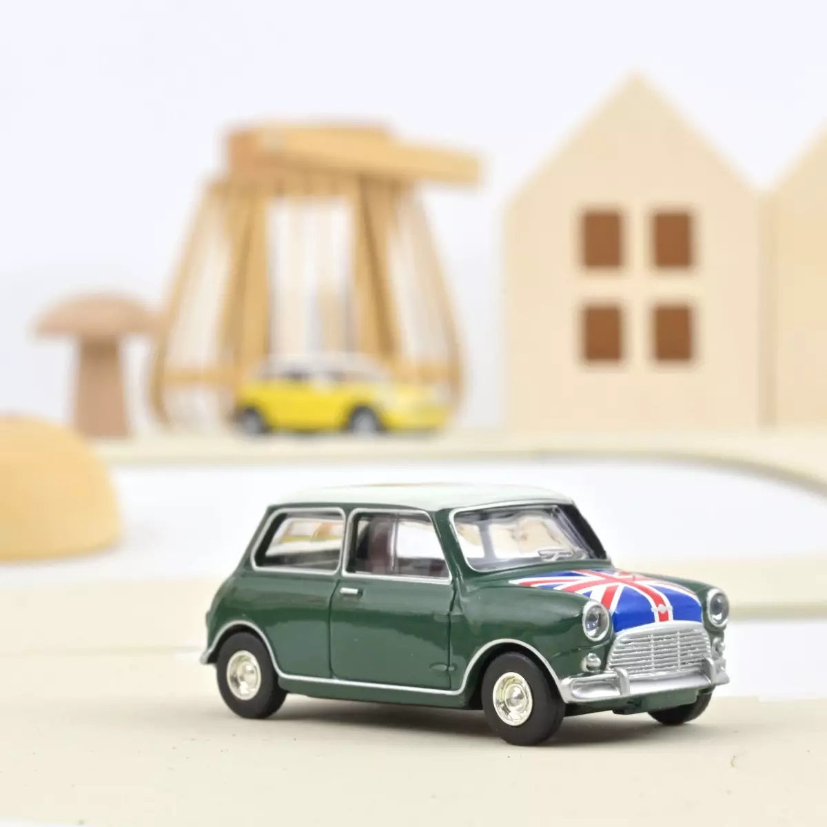 Mini Cooper S 1964 Almond Green and Flag on Bonnet - Norev - Scala 1/64 Circa