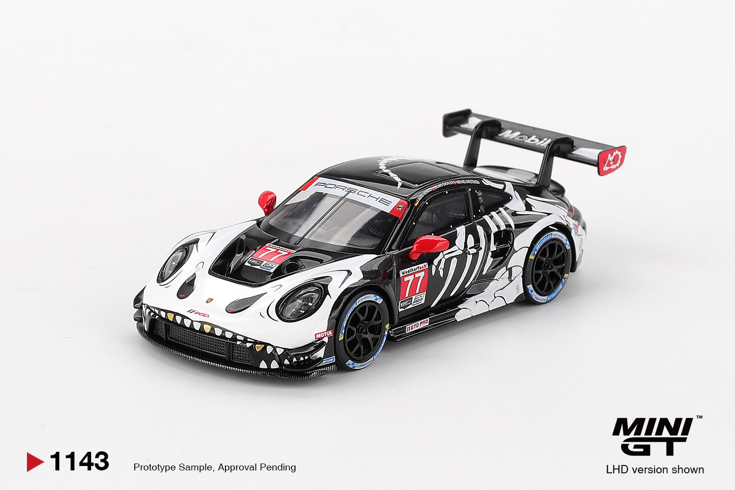 "Skeleton Rexy" Porsche 911 GT3 R #77 AO Racing 2025 IMSA  Petit Le Mans - Mini GT - Scala 1-64 MGT01143-L
