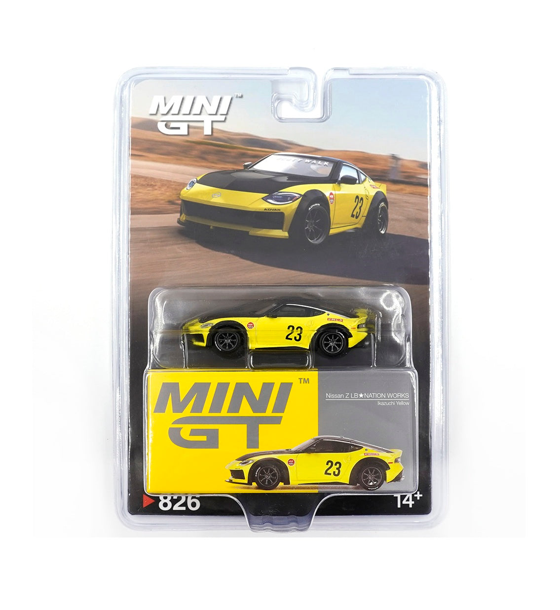 Nissan Z LB★NATION WORKS Ikazuchi Yellow - Mini GT - Scala 1/64 MGT00826-BL Blister Packaging