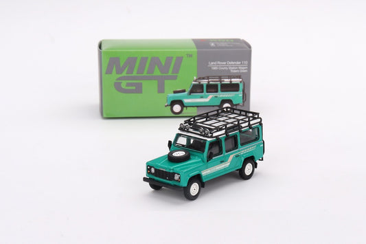 Land Rover Defender 110 1985 County Station Wagon Trident Green LDH - Mini GT - Scala 1/64 MGT00590