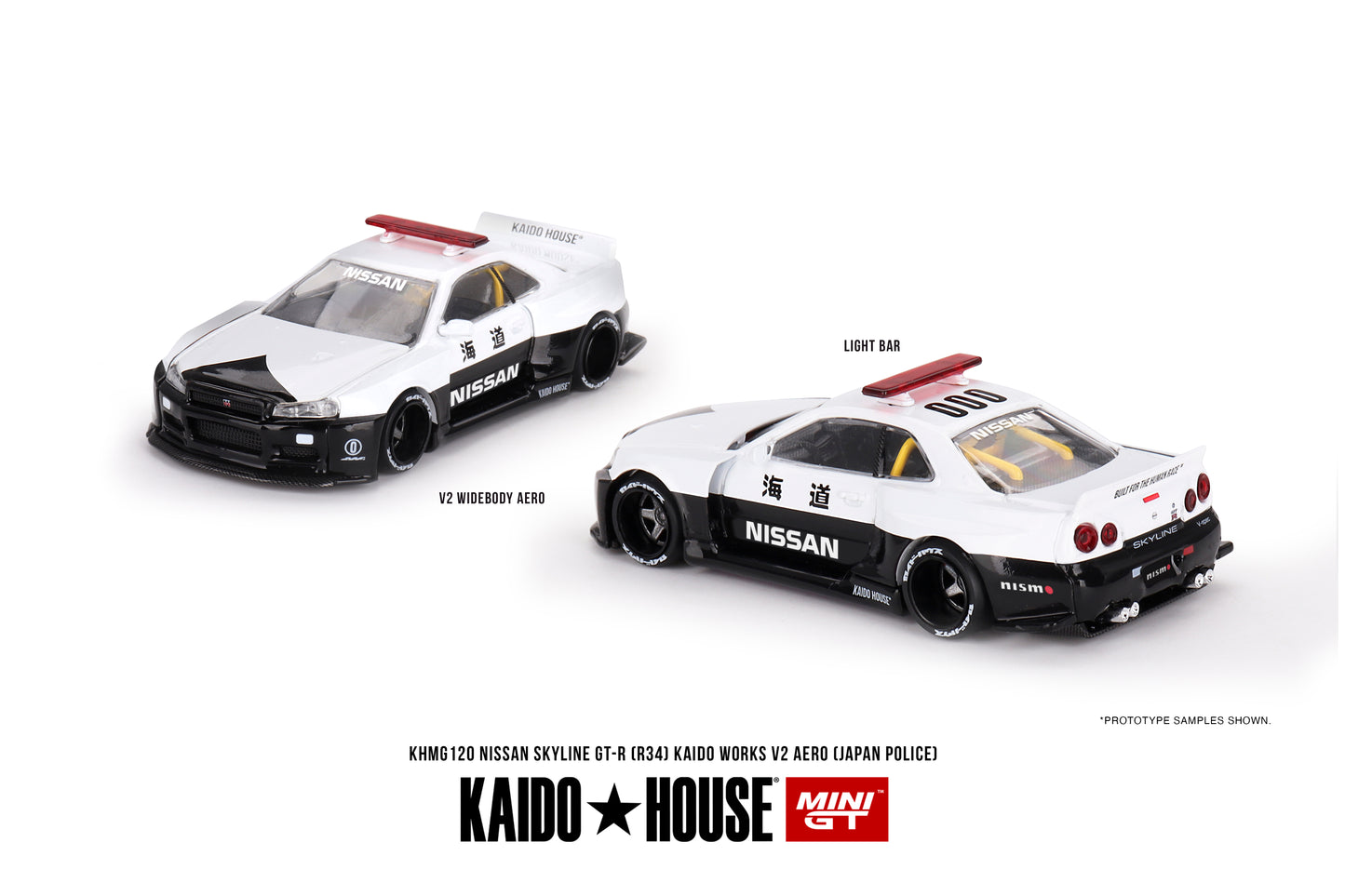 Nissan Skyline GT-R R34 Kaido Works (V2 Aero) Police - KAIDO HOUSE Mini GT - Scala 1/64 KHMG120