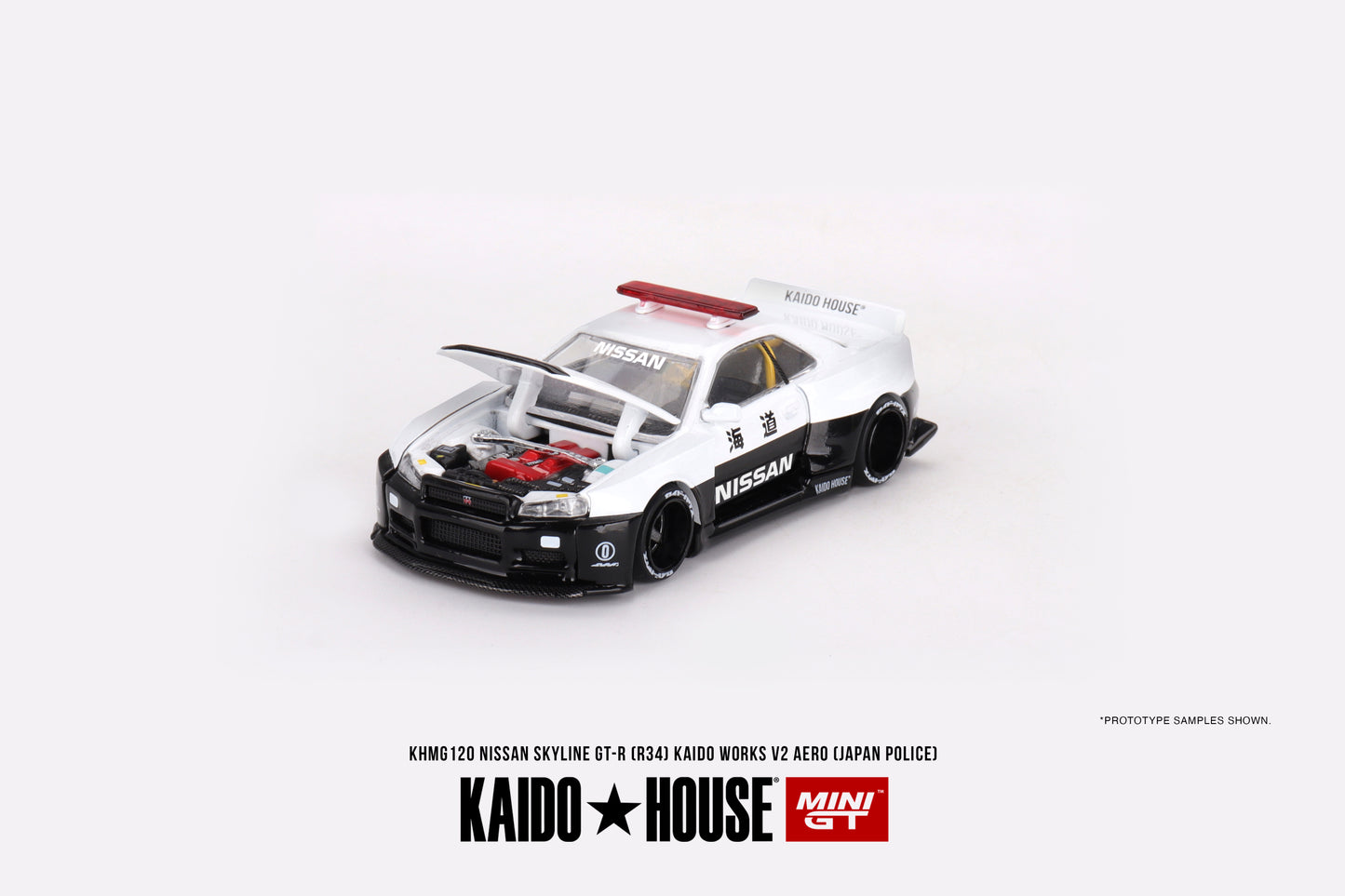 Nissan Skyline GT-R R34 Kaido Works (V2 Aero) Police - KAIDO HOUSE Mini GT - Scala 1/64 KHMG120