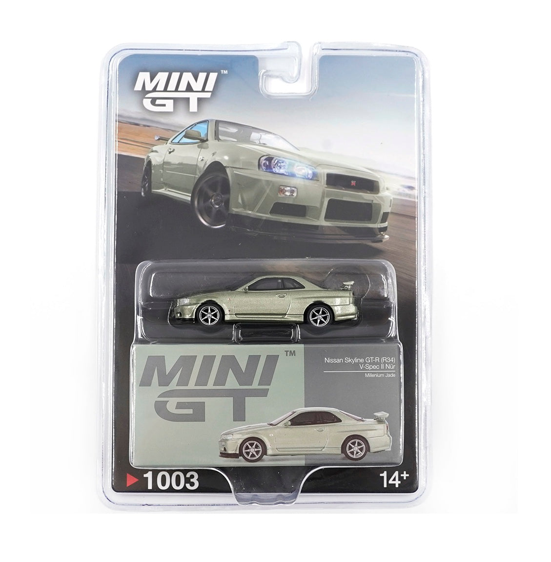 Nissan Skyline GT-R (R34) V-Spec II Nür Millenium Jade 2002 - Mini GT - Scala 1/64 MGT01003-BL Blister Packaging