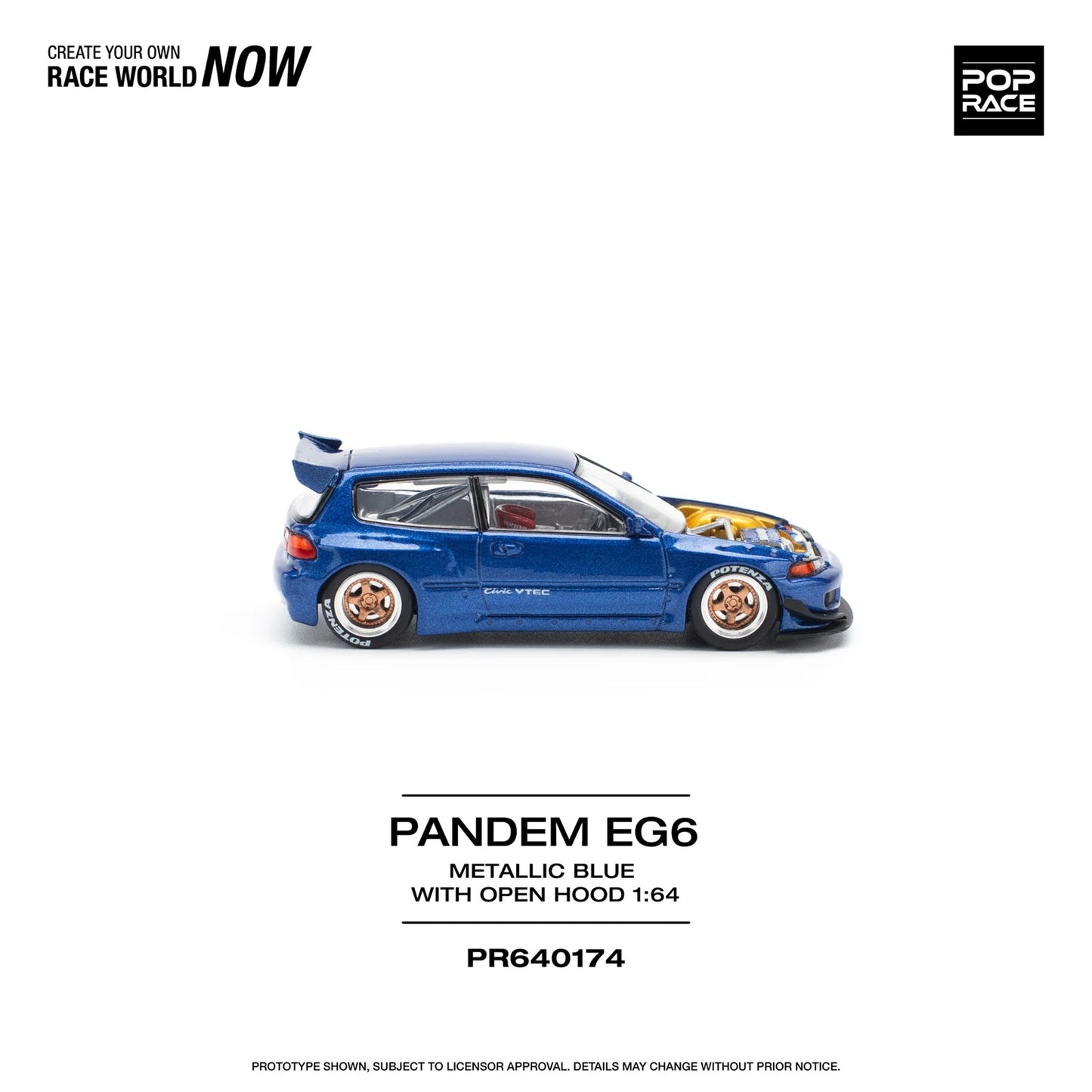 Pandem Civic EG6 Blue Metallic with No Hood - Pop Race - Scala 1/64 PR64-174