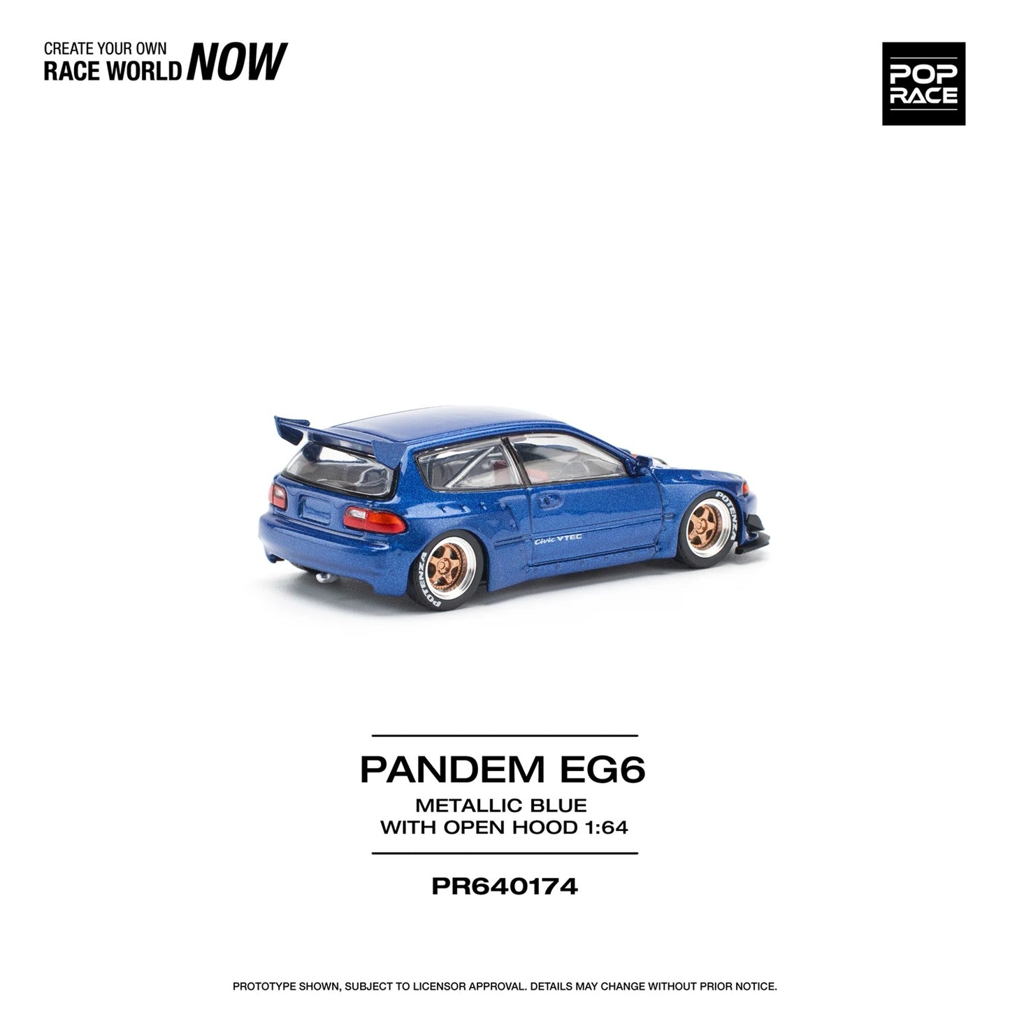 Pandem Civic EG6 Blue Metallic with No Hood - Pop Race - Scala 1/64 PR64-174