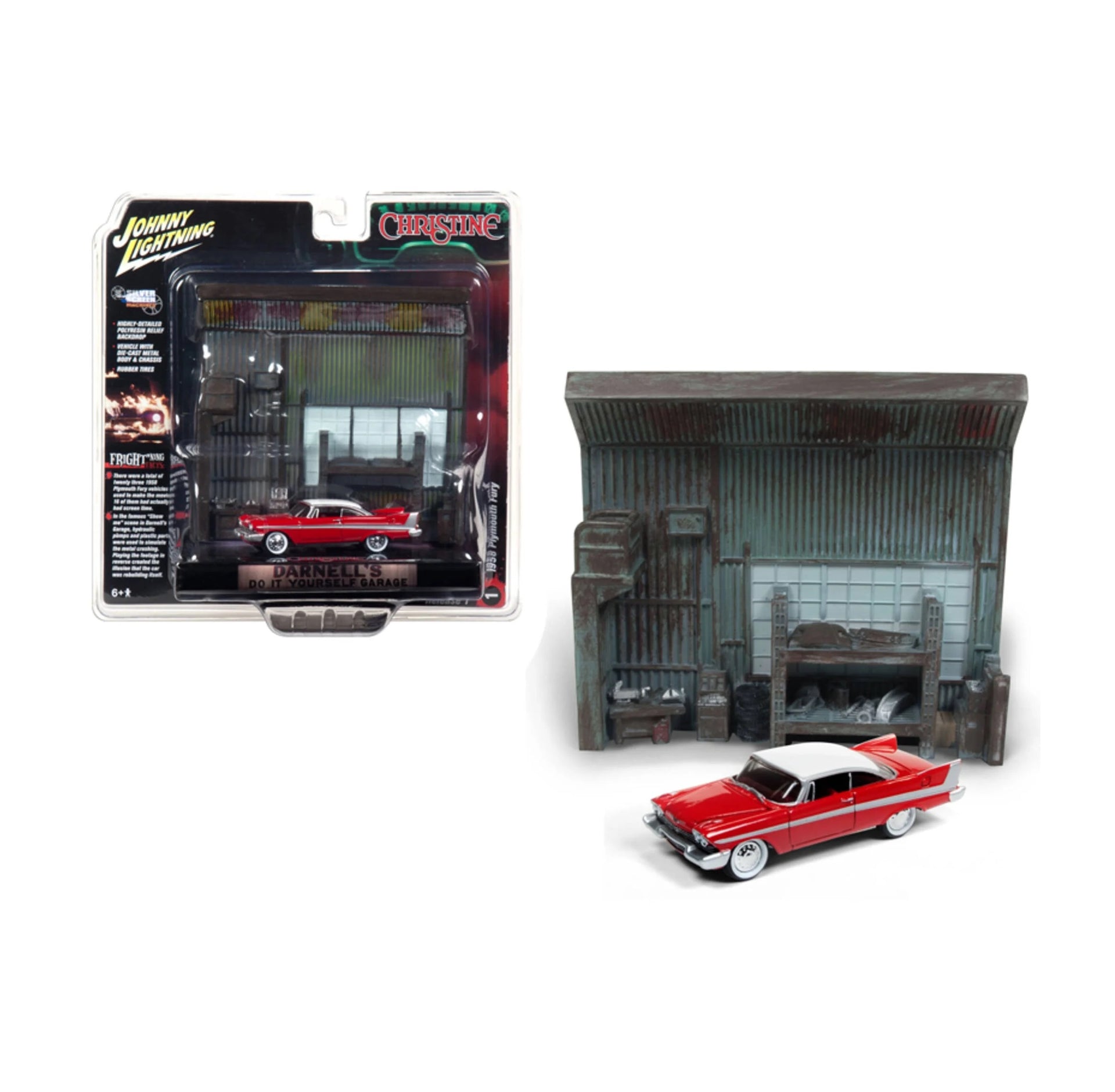 1958 Plymouth Fury red with "Darnell's garage" interior diorama from "Christine" (1983) movie - Johnny Lightning - Scala 1/64 JLDR002